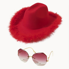 Y2K Feather Cowgirl Hat & Sunglasses Set - Cowboy Jazz Fedora Cap & Gradient Eye
