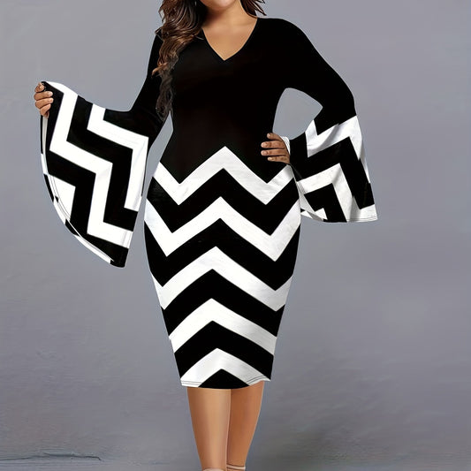 Colorblock Stripe Print Bell Sleeve V Neck Midi Dress