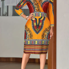 Boho Dress Women's Plus Tribal Print V Neck Midi Dress