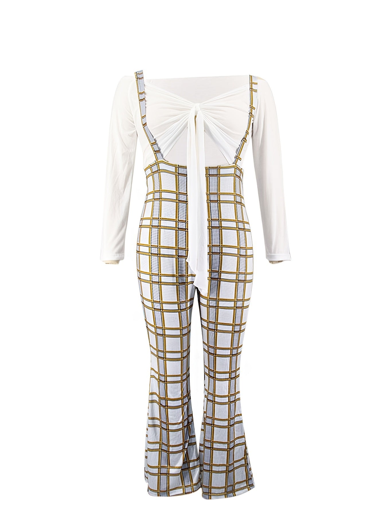 Long Sleeve Crop Top & Plaid Wide Leg Jumpsuit Set