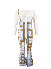 Long Sleeve Crop Top & Plaid Wide Leg Jumpsuit Set