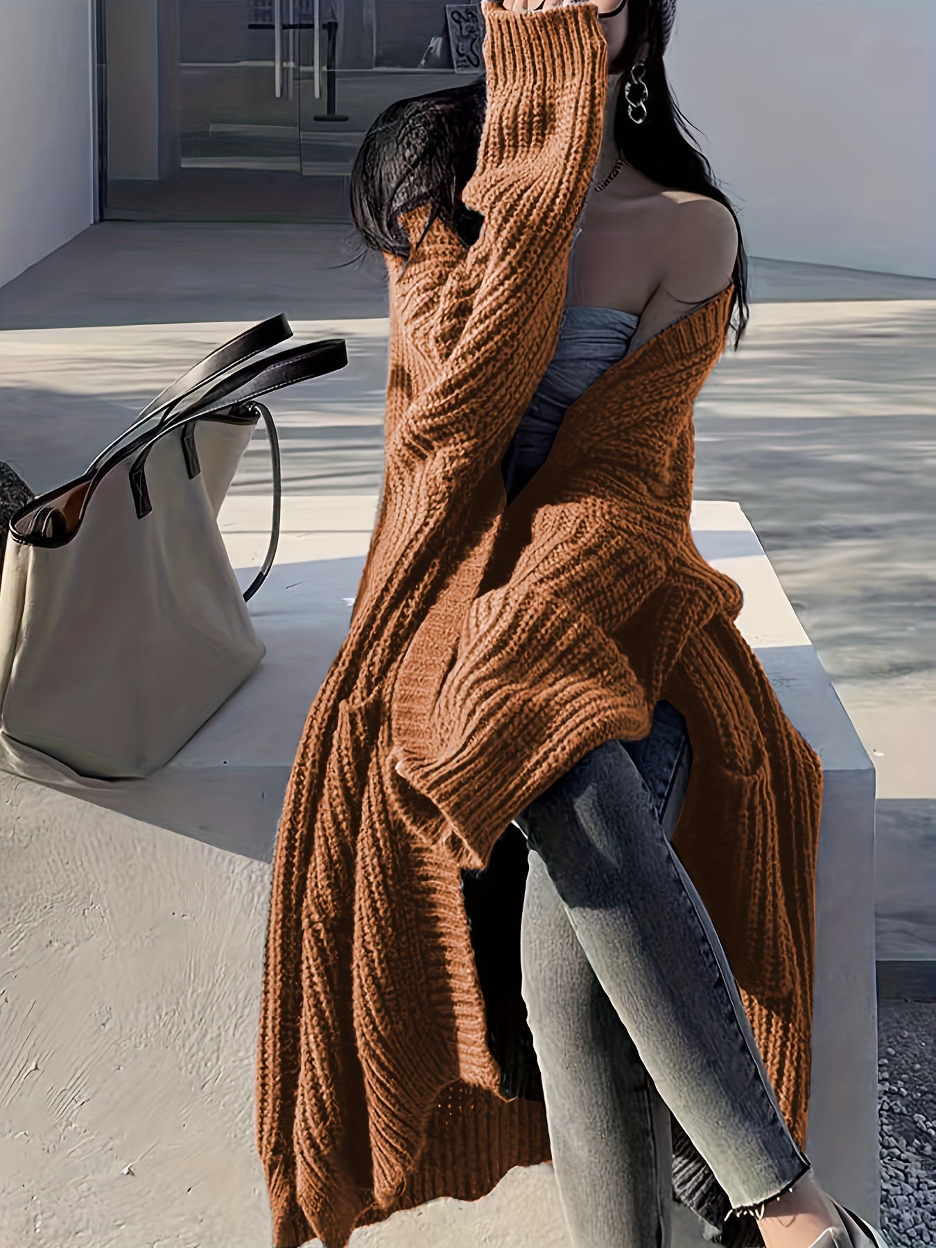 Open Front Loose Knit Cardigan Long Sleeve Sweater