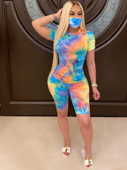Tie Dye Workout Two Piece Set Crew Neck T shirt & Shorts Set