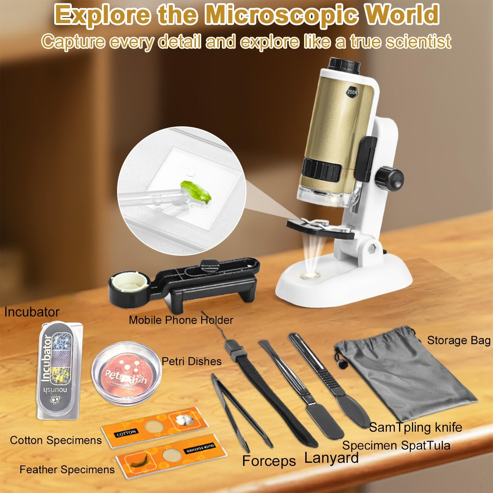 Science Horse 16pcs Portable Microscope Kit with 250x Magnification