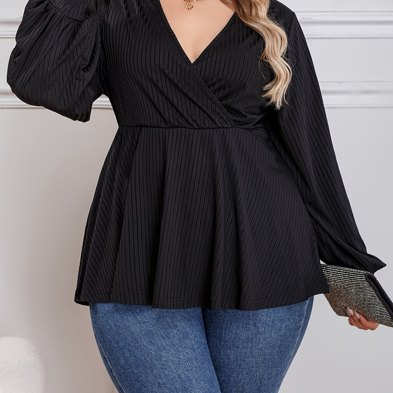 Lantern Sleeve Ribbed Blouse
