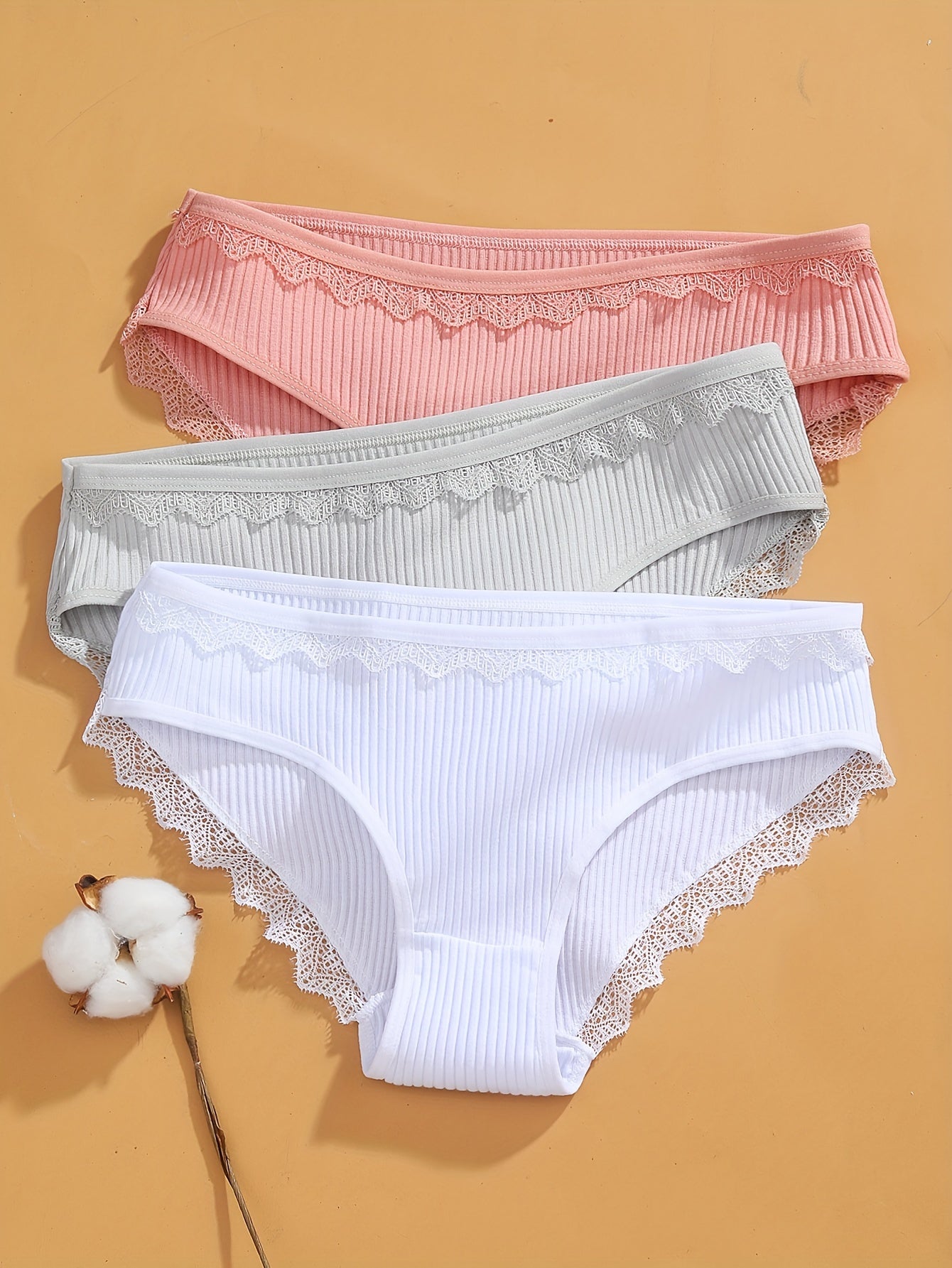 3pcs Lace Trim Ribbed Briefs Women's Comfy Intimates Panties