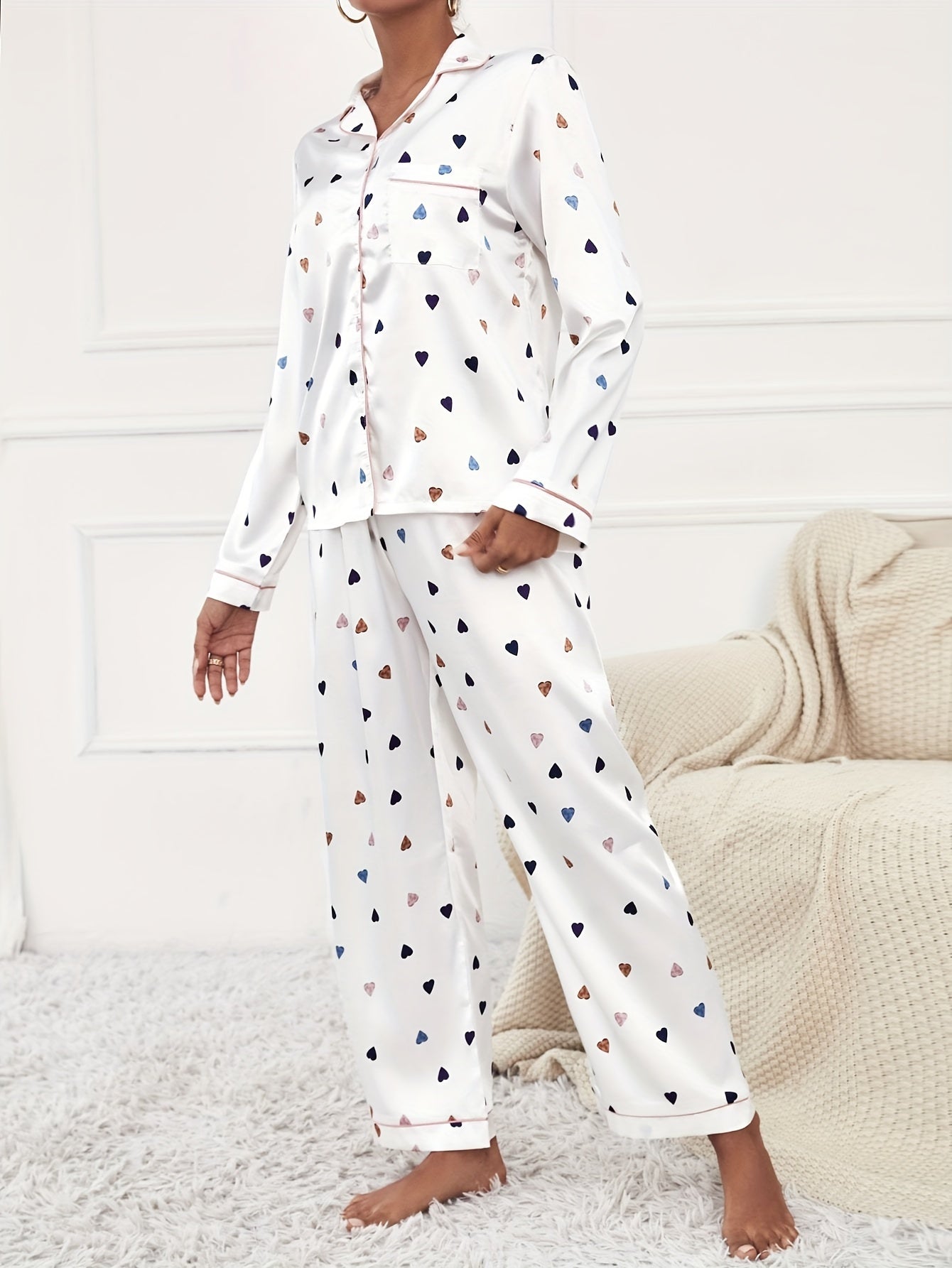 Heart Print Pajama Set Long Sleeve Top & Pants Women's Sleepwear