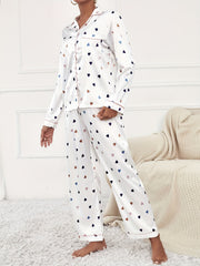 Heart Print Pajama Set Long Sleeve Top & Pants Women's Sleepwear