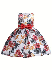Girls Satin Flower Print Princess Dress Bow Front Evening Dress
