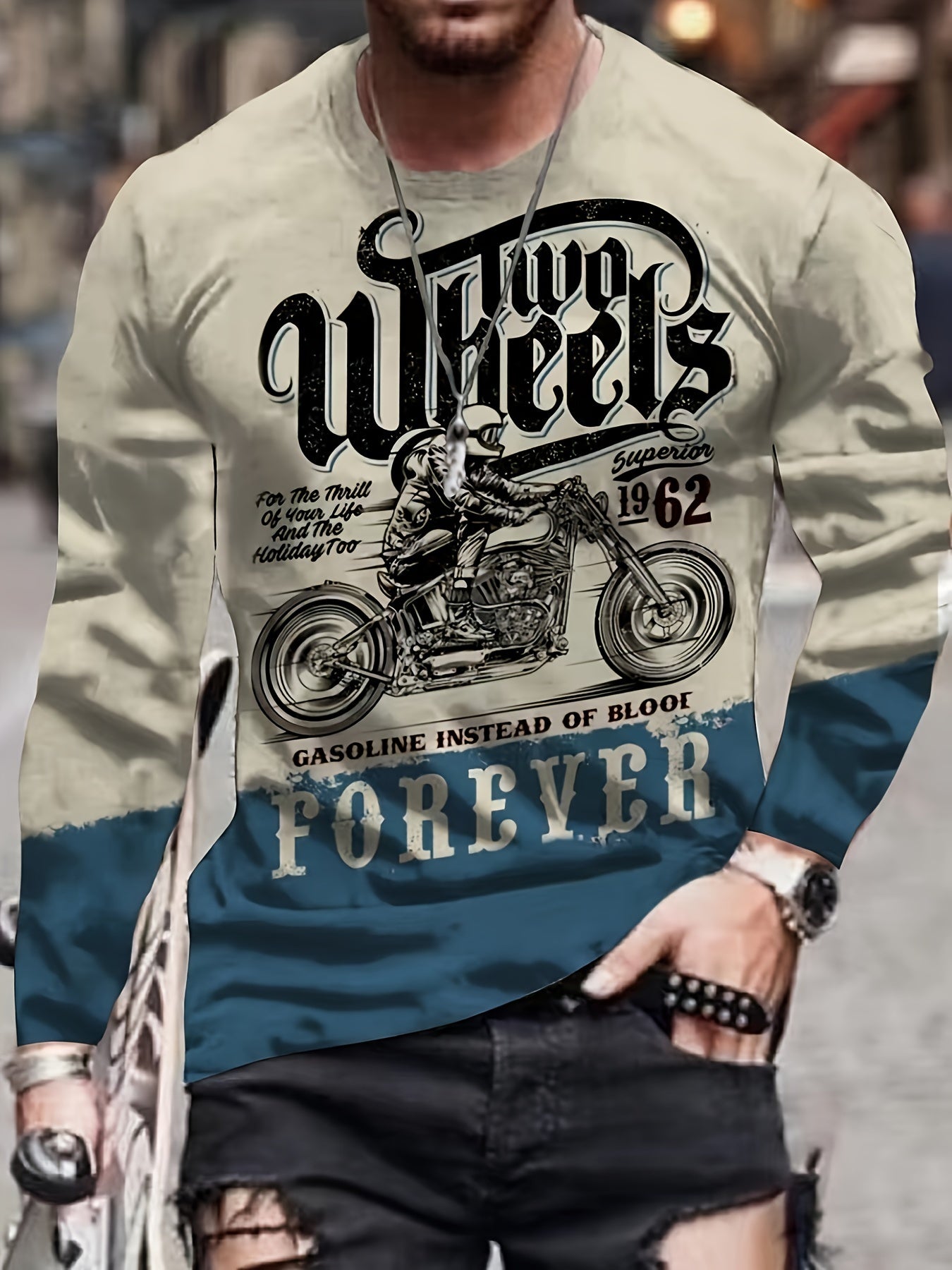 Vintage Motorcycle Print Men's Long Sleeve Tee for Autumn