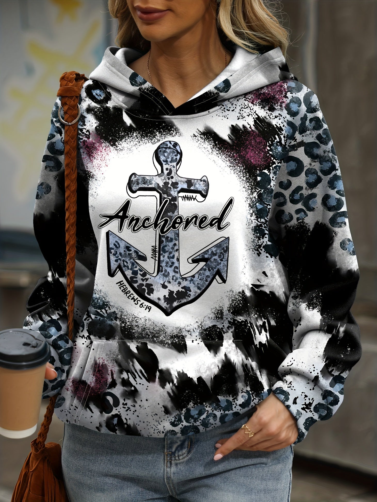 Anchor & Leopard Print Hoodie Casual Long Sleeve Sweatshirt