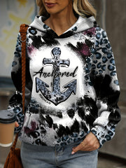 Anchor & Leopard Print Hoodie Casual Long Sleeve Sweatshirt