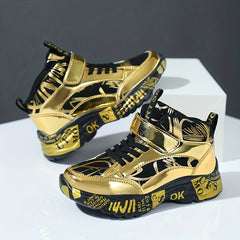 Boys Golden Sneakers With Irregular Pattern Anti Slip Hook And Loop Fastener