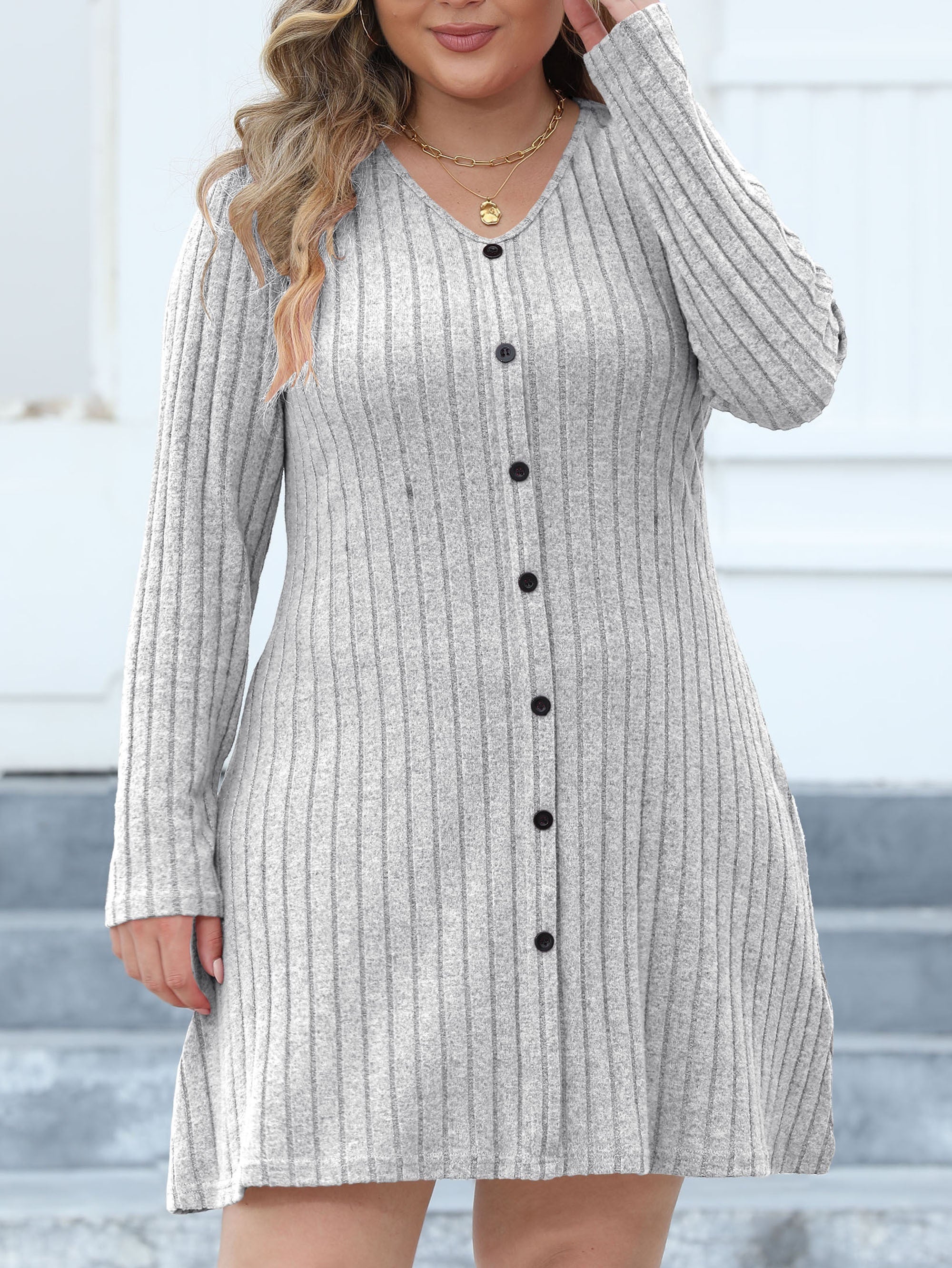 Ribbed Button Decor Long Sleeve V Neck Dress