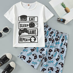 Boys Slogan Print T Shirt & Game Console Print Shorts Set