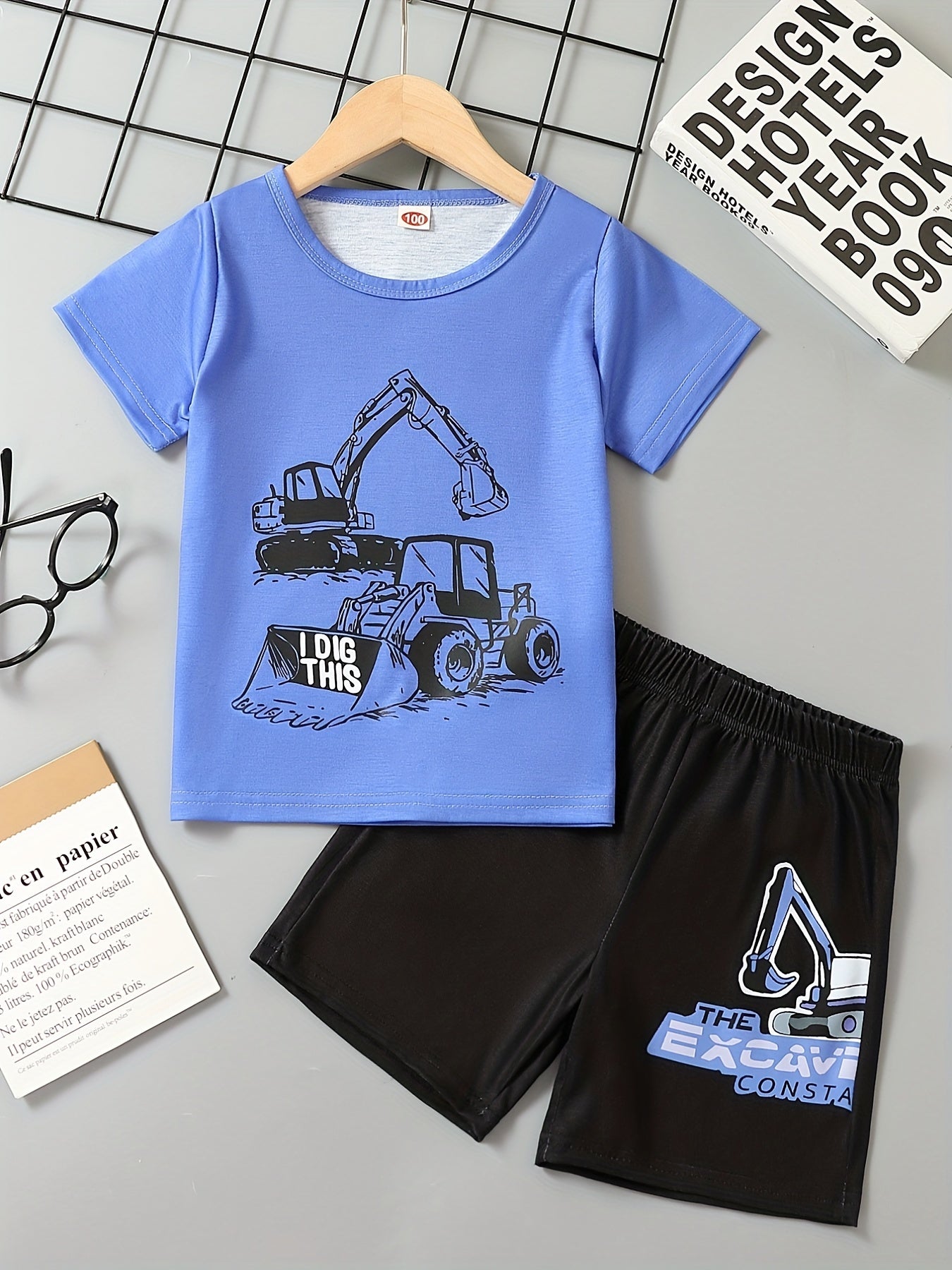 Excavator Print Casual Outfit T-shirt & Shorts Set for Boys