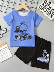 Excavator Print Casual Outfit T-shirt & Shorts Set for Boys
