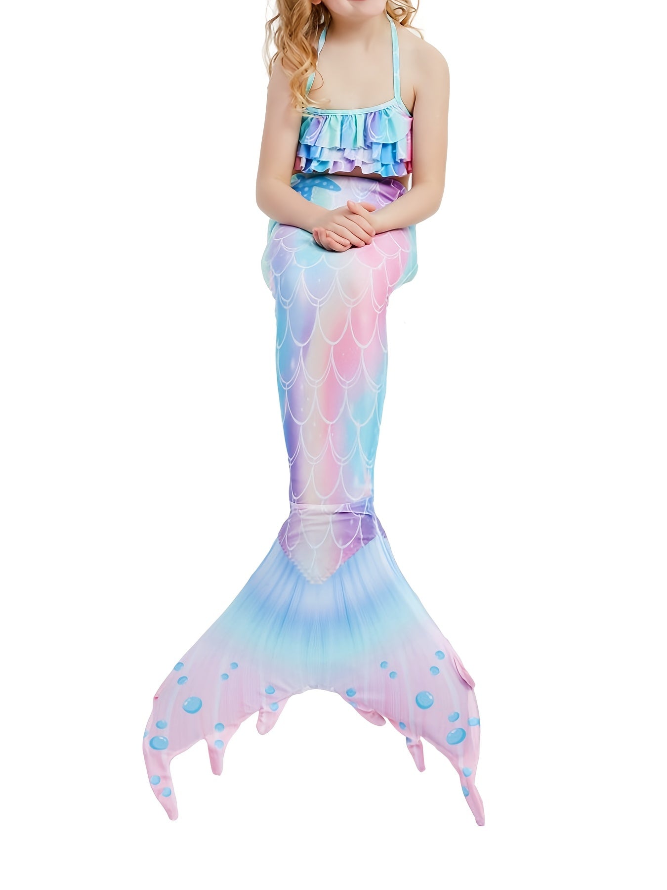 Girls Mermaid Bikini Swimsuit Ruffles Halter Top & Shorts & Bottoms