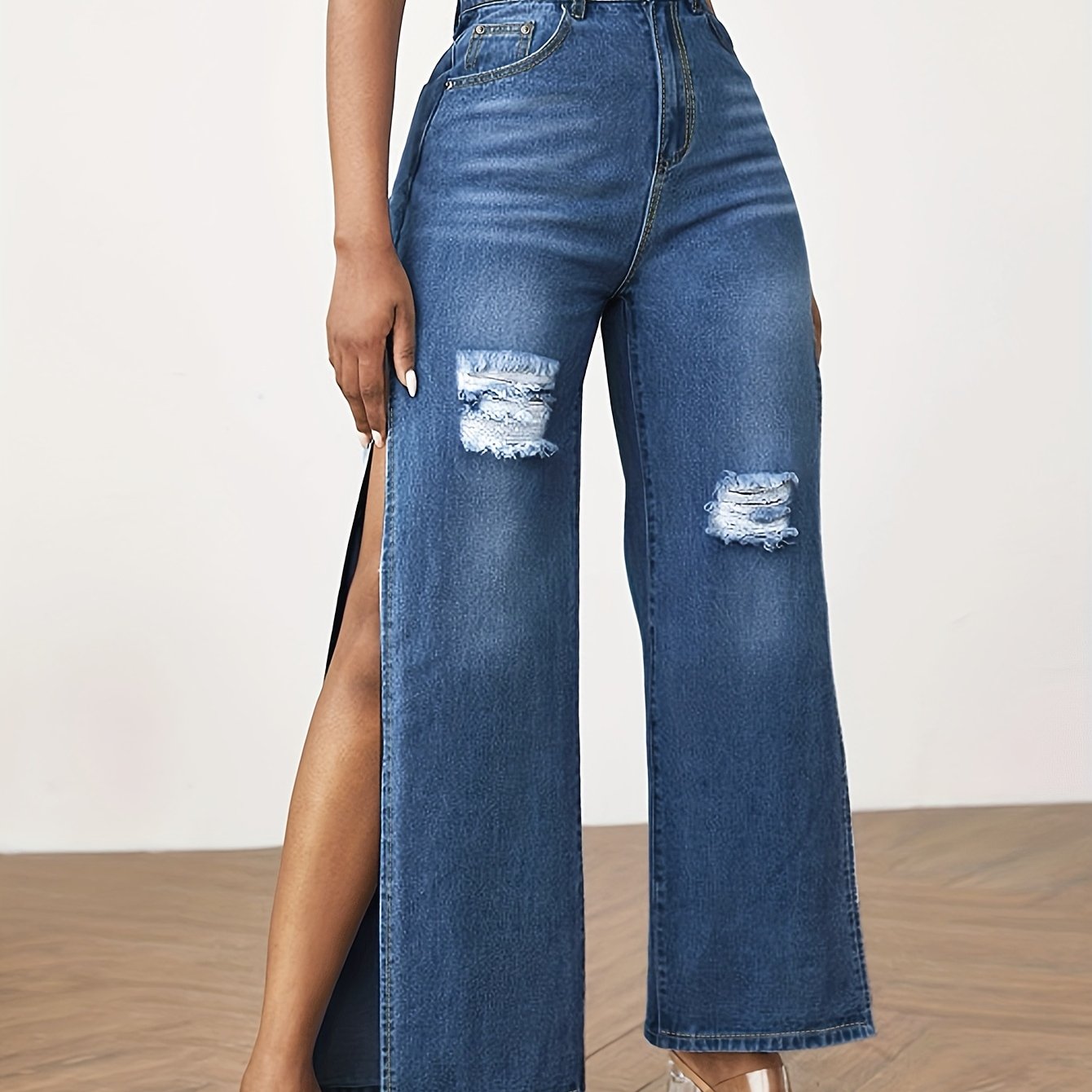 High Waist Split Denim Pants Distressed Wide Legs Jeans