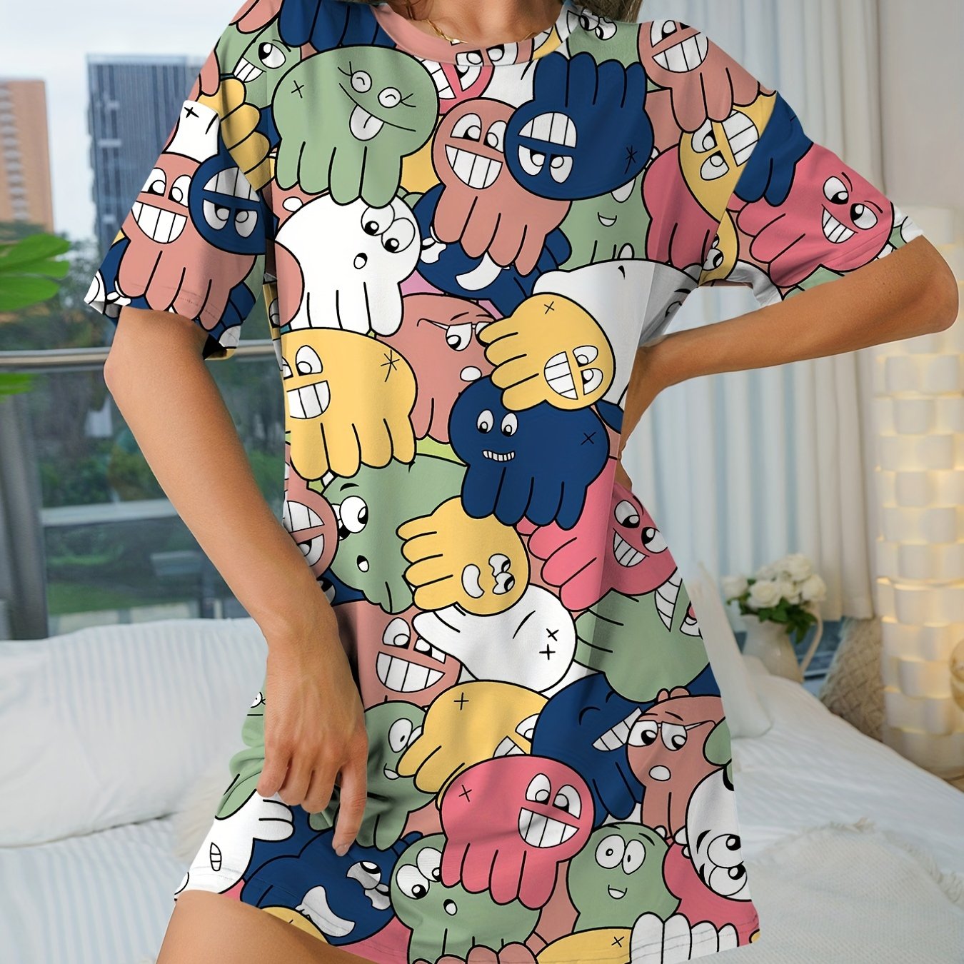 Octopus Print NightDress Short Sleeve Pajama Dress Women's Sleepwear