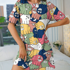 Octopus Print NightDress Short Sleeve Pajama Dress Women's Sleepwear