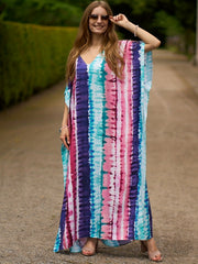 Boho Cover Up Tie Dye Stripe Print V Neck Bat Sleeve Split Dress