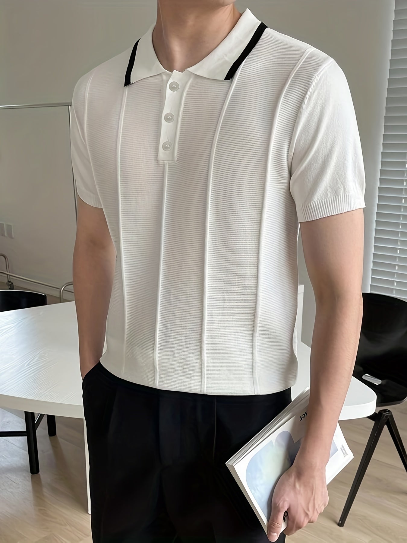 Knit Short Sleeve Polo V-Neck Button-Up Casual Top Men's Tee