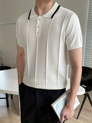 Knit Short Sleeve Polo V-Neck Button-Up Casual Top Men's Tee