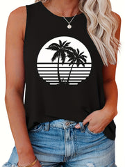 Palm Tree Print Round Neck Tank Top for Women