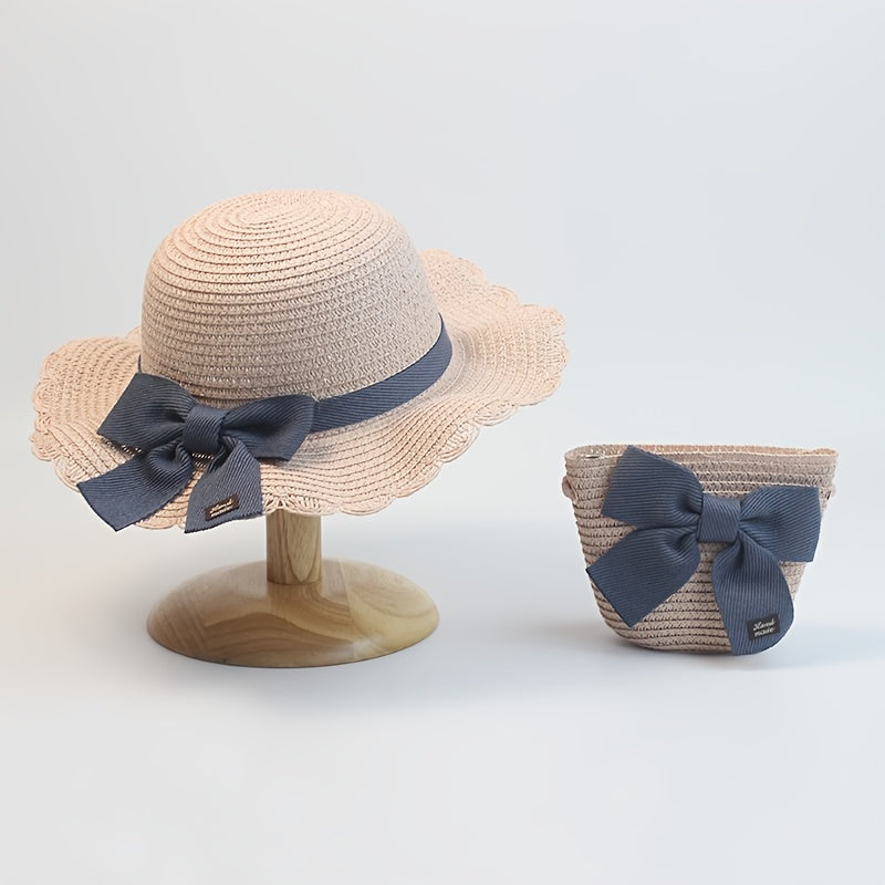 2pcs Girls Straw Hat & Coin Purse Wide Brim UV Protection Kids Accessories