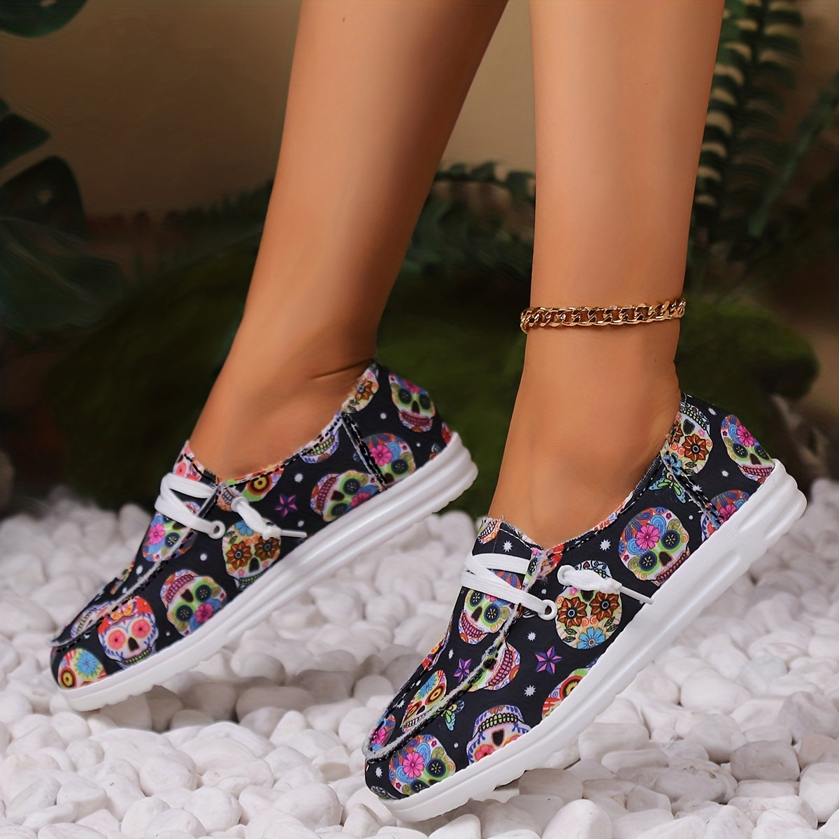 Colorful Skull Pattern Slip-On Canvas Sneakers for Halloween