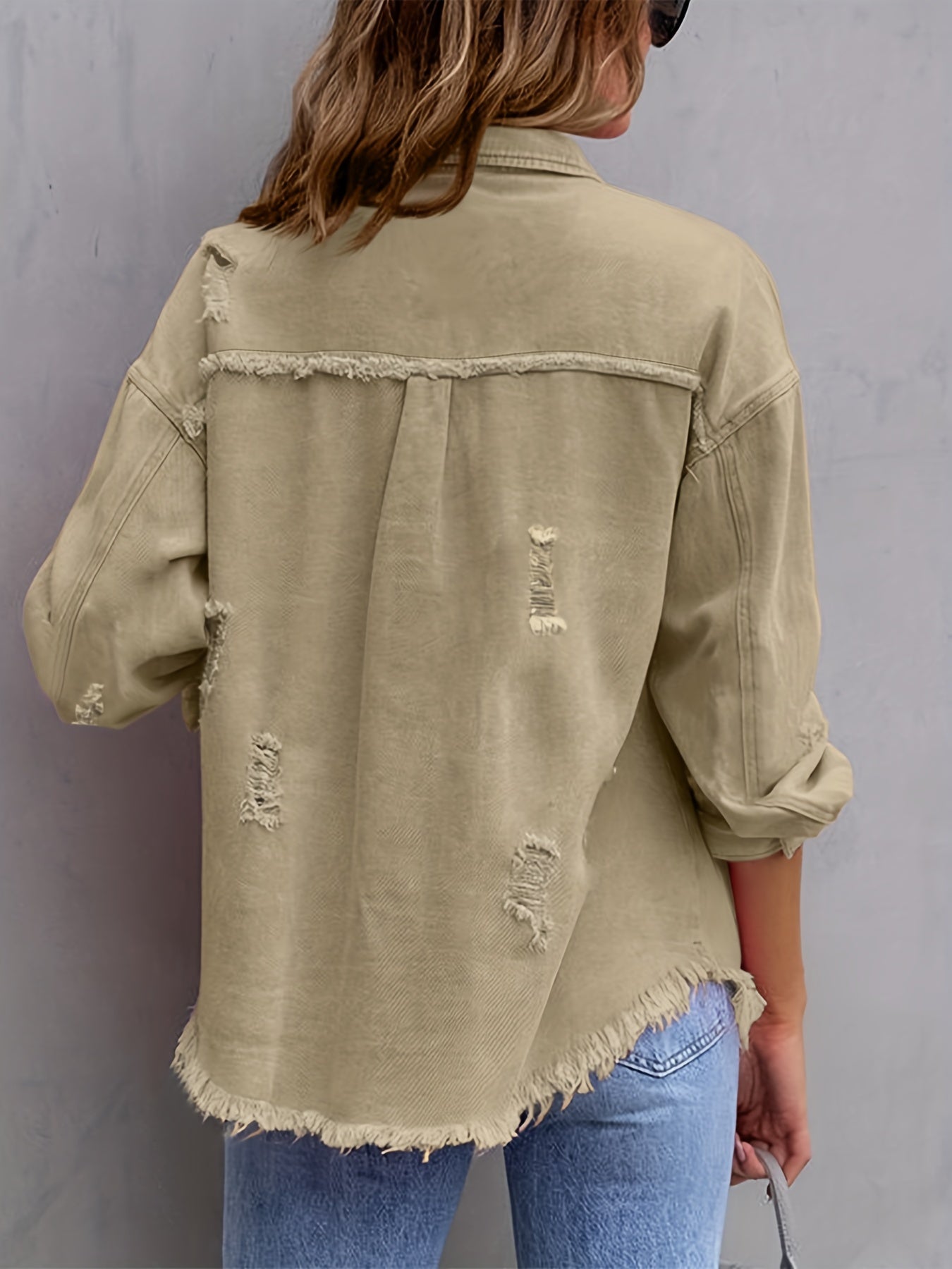 Solid Ripped Denim Jacket with Raw Trim