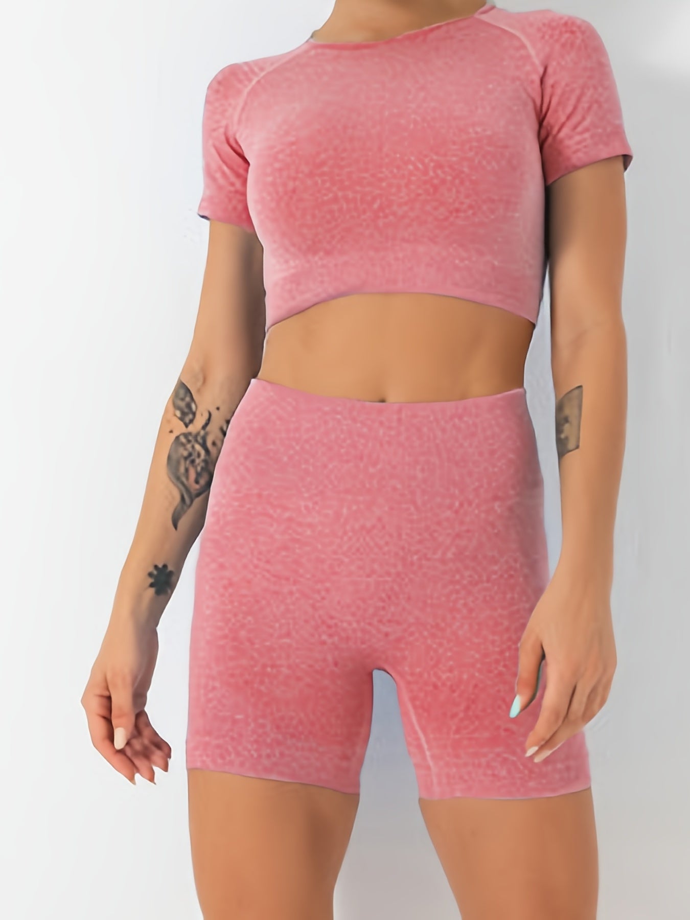 2pcs Seamless Workout Sets Crop Top & Biker Shorts Women's Activewear