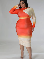 Women's Plus Ombre Print Long Sleeve Round Neck Midi Dress
