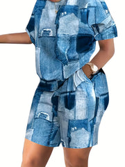 Women's Plus Denim Print Tee & Shorts 2pcs Set