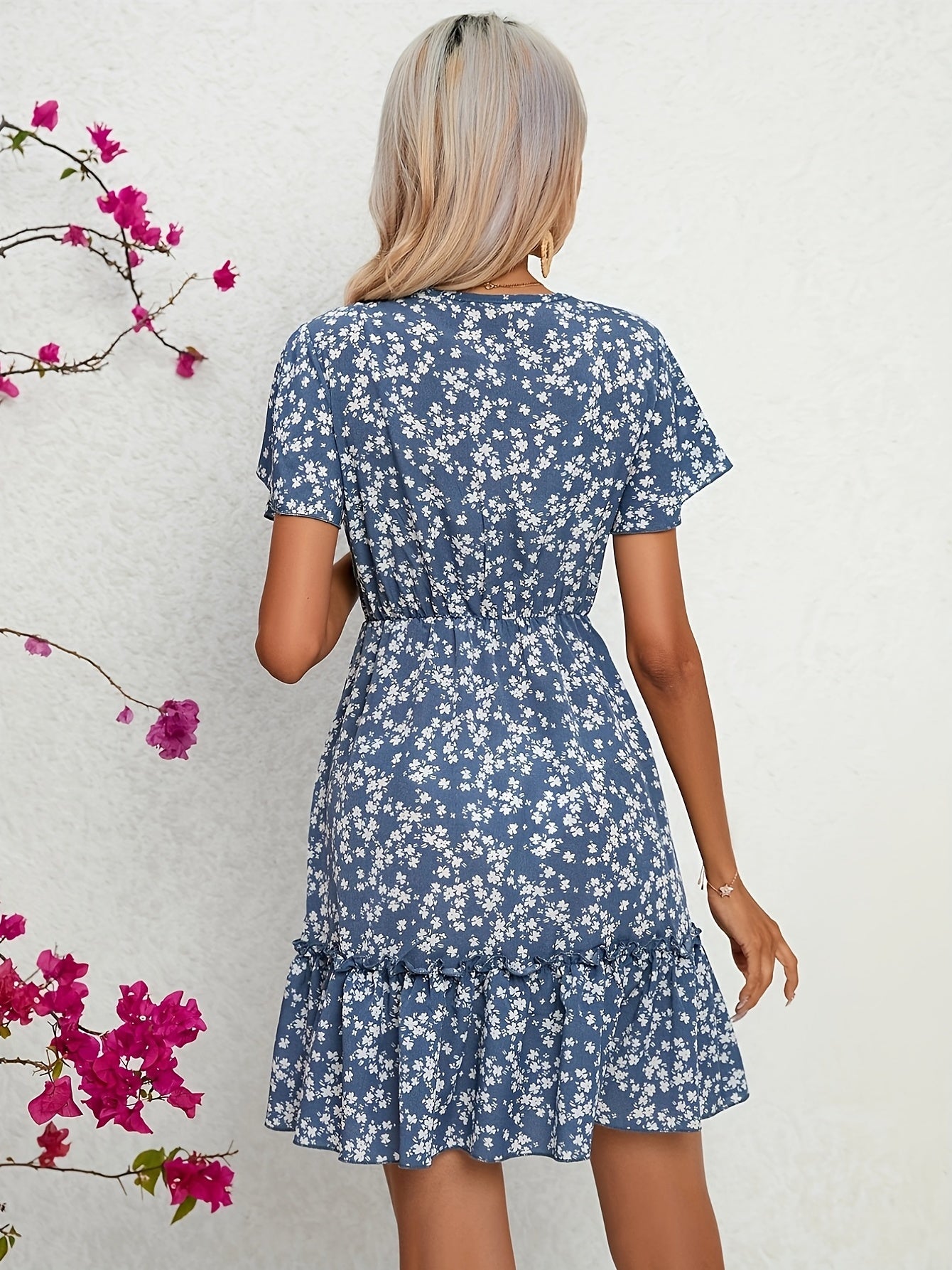 Casual Dress Women's Plus Ditsy Print Button Decor Short Sleeve V Neck