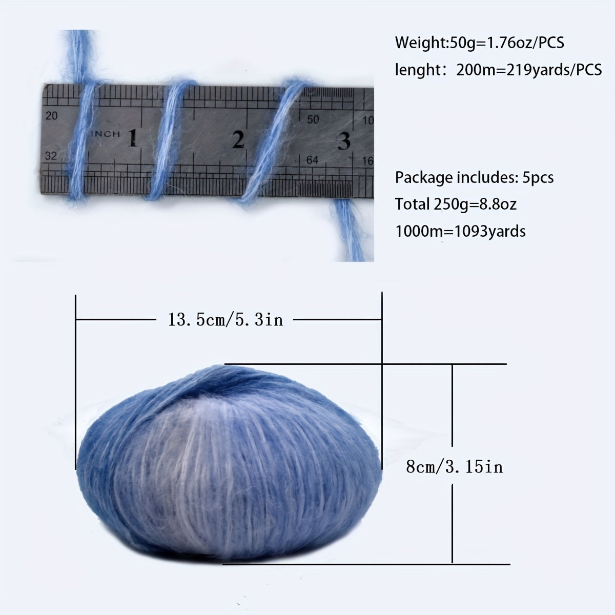 5pcs Mohair Hand Knitting Yarn DIY Crochet Scarf Shawl Sweater Rainbow 200m 50g