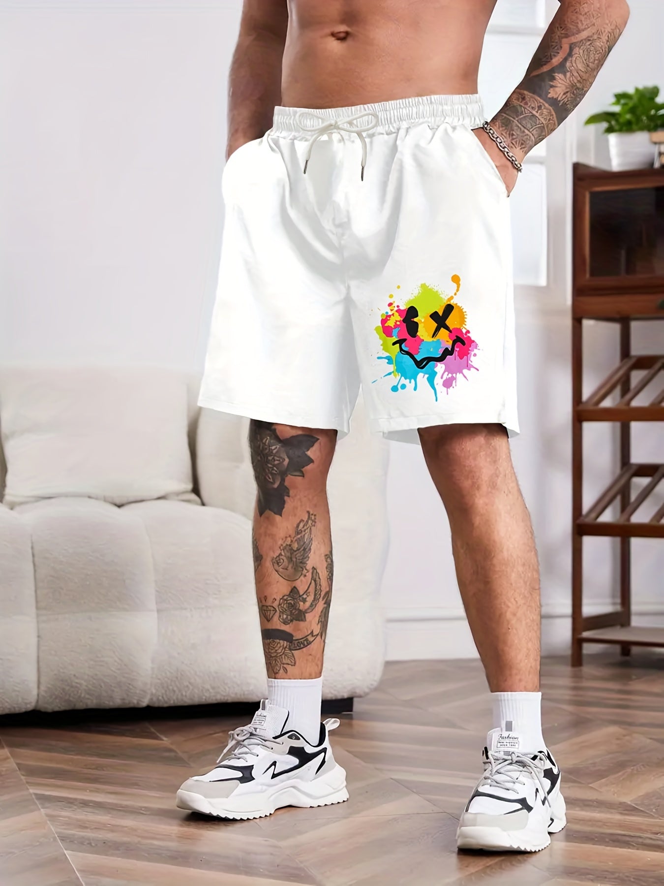 Smile Face Print Men's Comfy Shorts Summer Drawstring Casual Loose Shorts