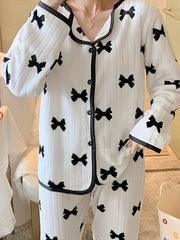 Bowknot Pattern Warm Thermal Pajama Set Women's Sleepwear