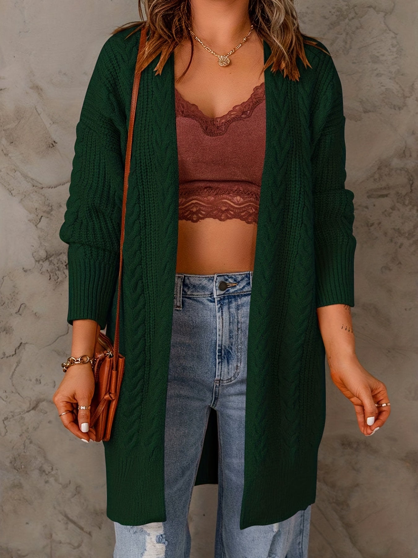 Solid Textured Long Sleeve Open Front Cardigan