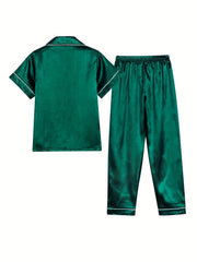 Kid's 2pcs Soft Pajamas Short Sleeve Top & Pants Set Solid Loungewear