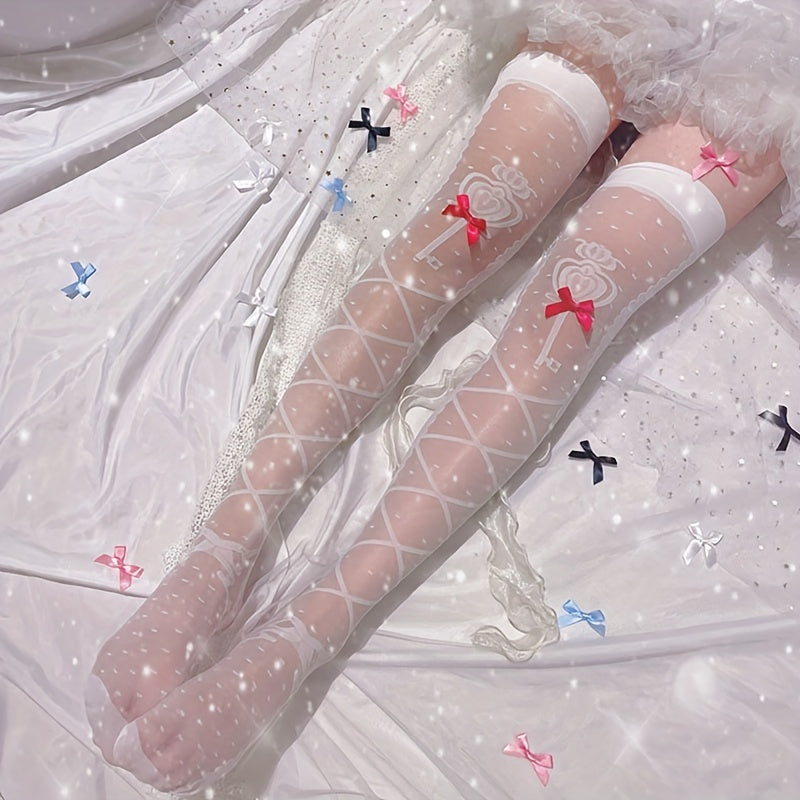 Bow Decor Thigh High Stockings Smooth Criss Cross Pattern Over The Knee Socks