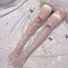 Bow Decor Thigh High Stockings Smooth Criss Cross Pattern Over The Knee Socks