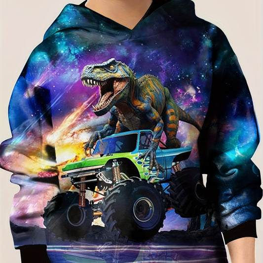 Dino Truck Print Starry Sky Hooded Sweatshirt for Kids