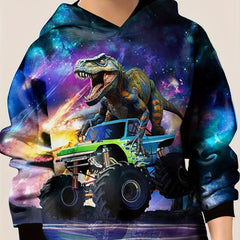 Dino Truck Print Starry Sky Hooded Sweatshirt for Kids