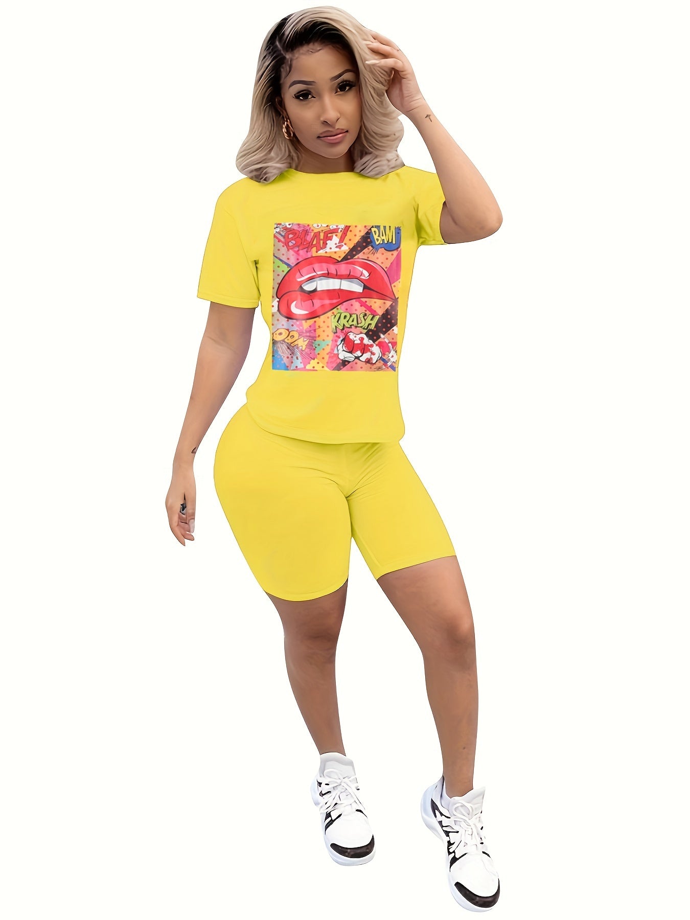 Graphic Print Short Sleeve T shirt & Bodycon Biker Shorts Set