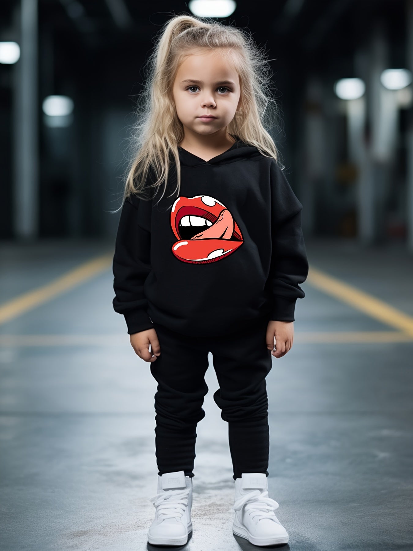 Girls Boys 2pcs Lips Print Hooded Pullover Pants Set Spring Fall
