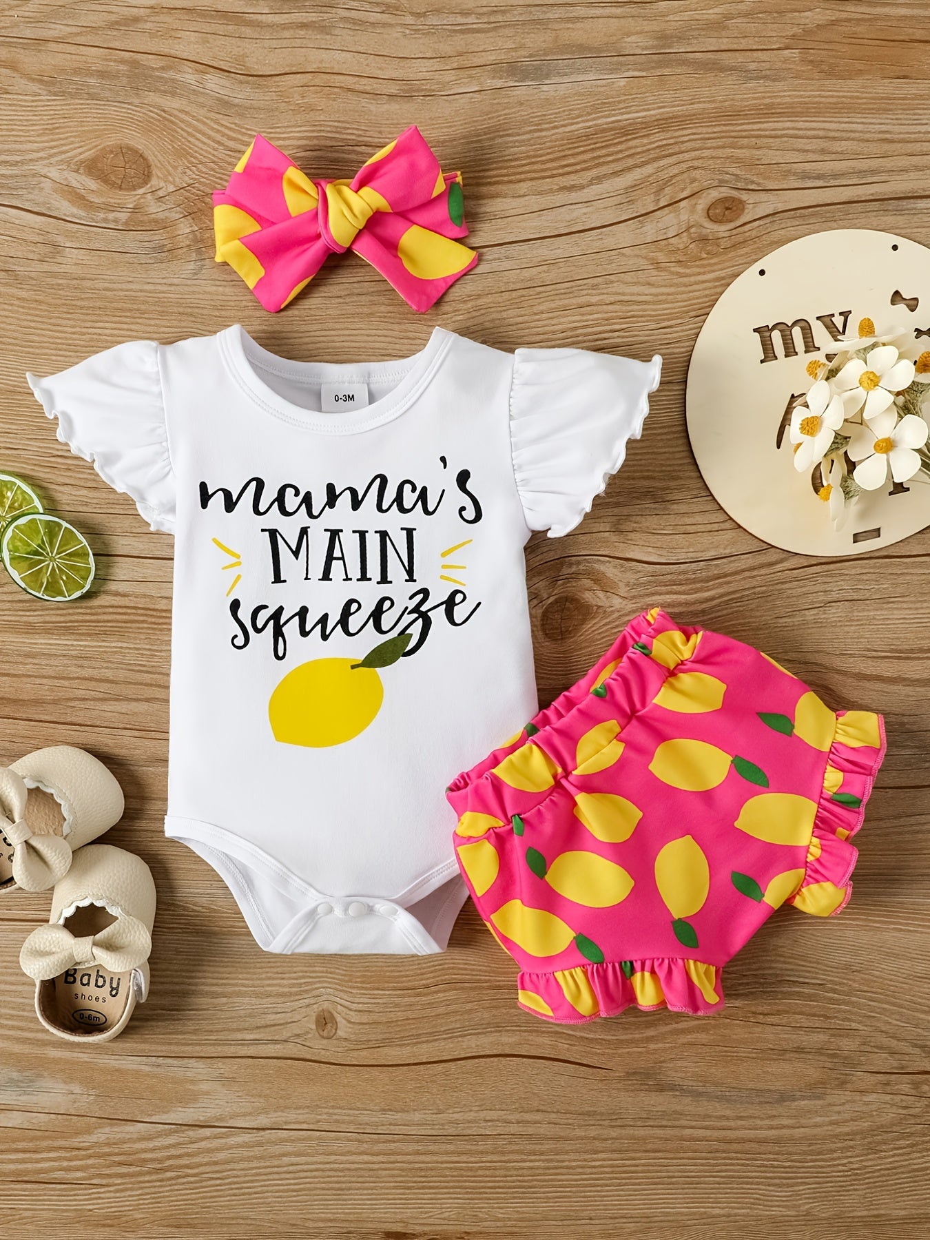 3pc Baby Girls Lemon Print Onesie & Shorts & Headband Set