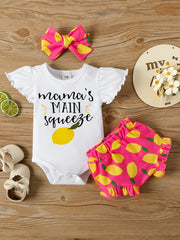 3pc Baby Girls Lemon Print Onesie & Shorts & Headband Set