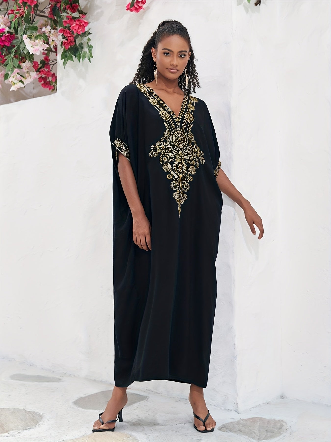 Boho Abaya Maxi Dress Women's Plus Batwing Sleeve V Neck Geometric